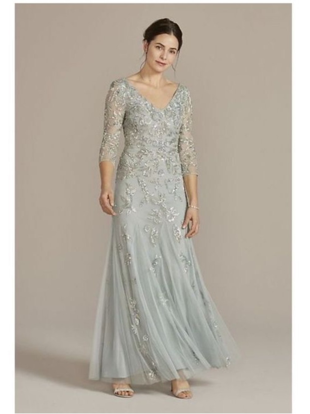 NWT Oleg Cassini Elegant Beaded V-Neck Light Blue Evening Dress